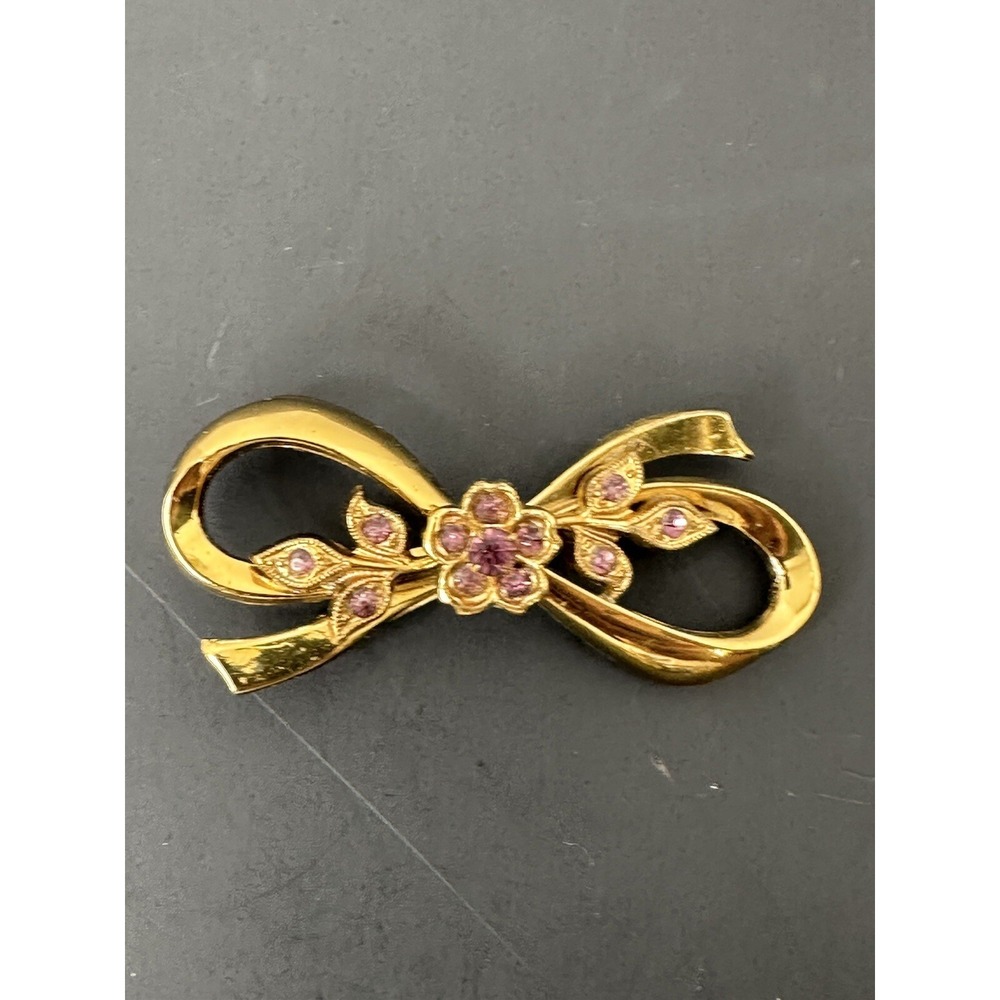 Vintage Coro Pink Rhinestone Brooch Gold Tone Ribbon Floral Signed Pin